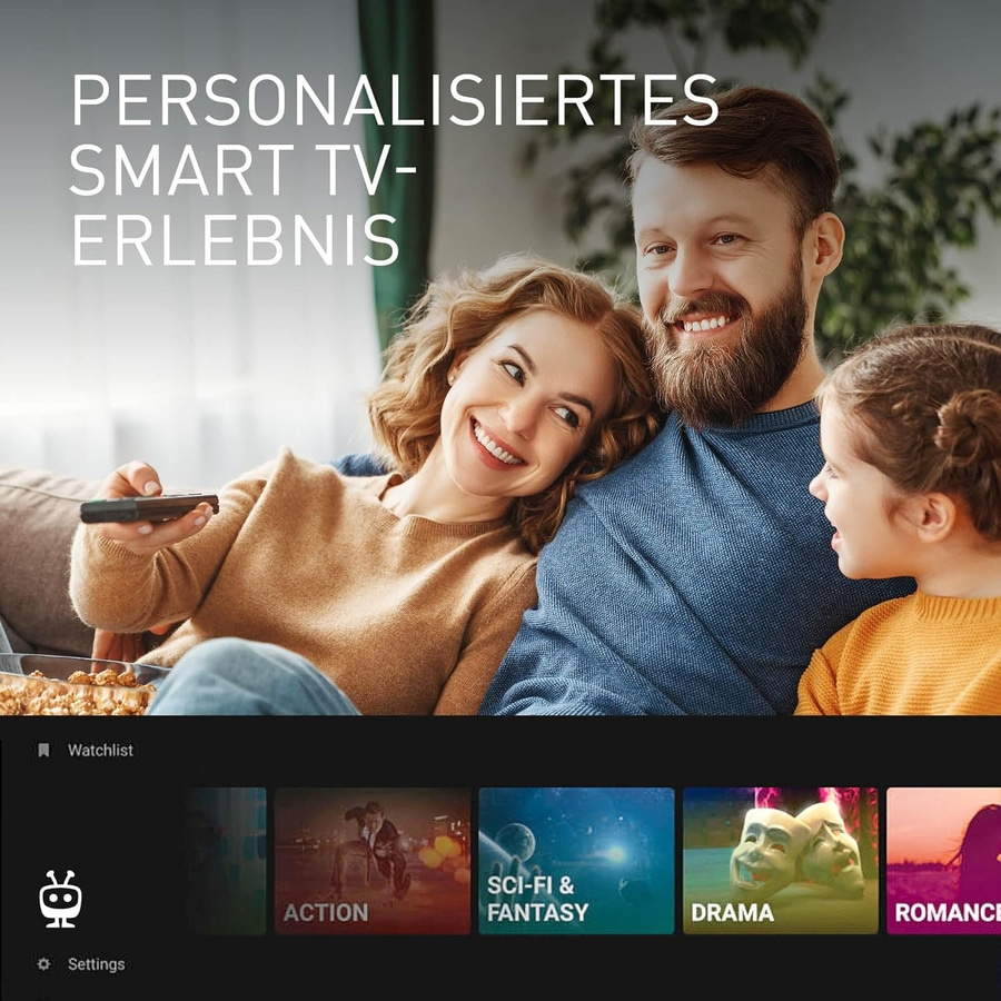 Familie schaut fern, Smart TV-Erlebnis, Action, Sci-Fi, Drama, Romantik