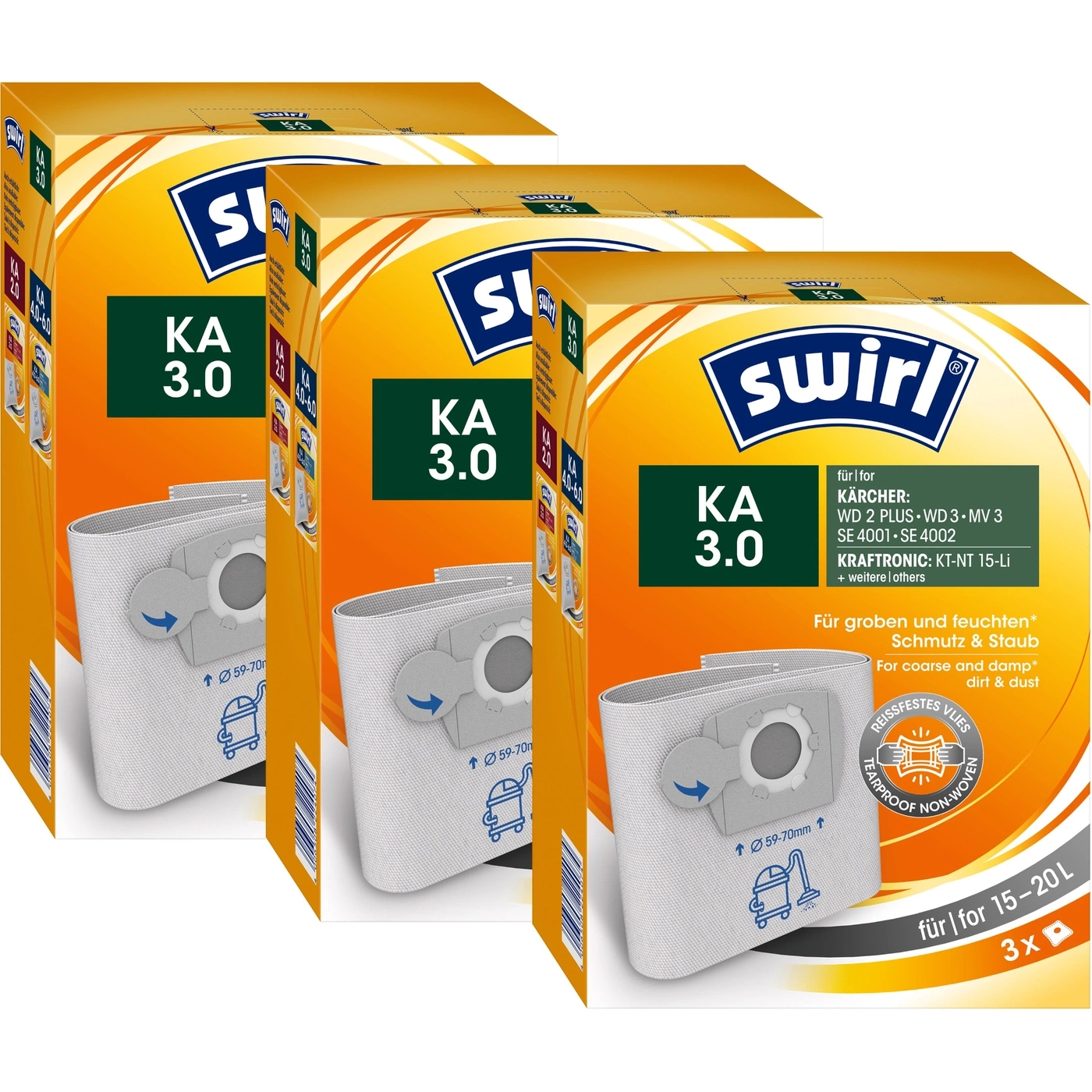 Swirl Staubsaugerbeutel KA 3.0 für groben Schmutz und Staub, 3er Packung
