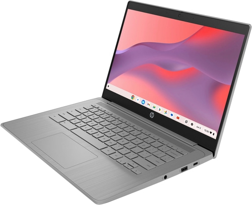 Ein silberner HP Chromebook Laptop mit geöffnetem Bildschirm und Tastatur.