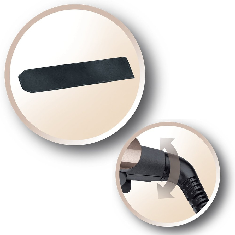 Detailansicht eines Haarglätters mit einem schwarzen Teil und Pfeilen, die die Drehung anzeigen