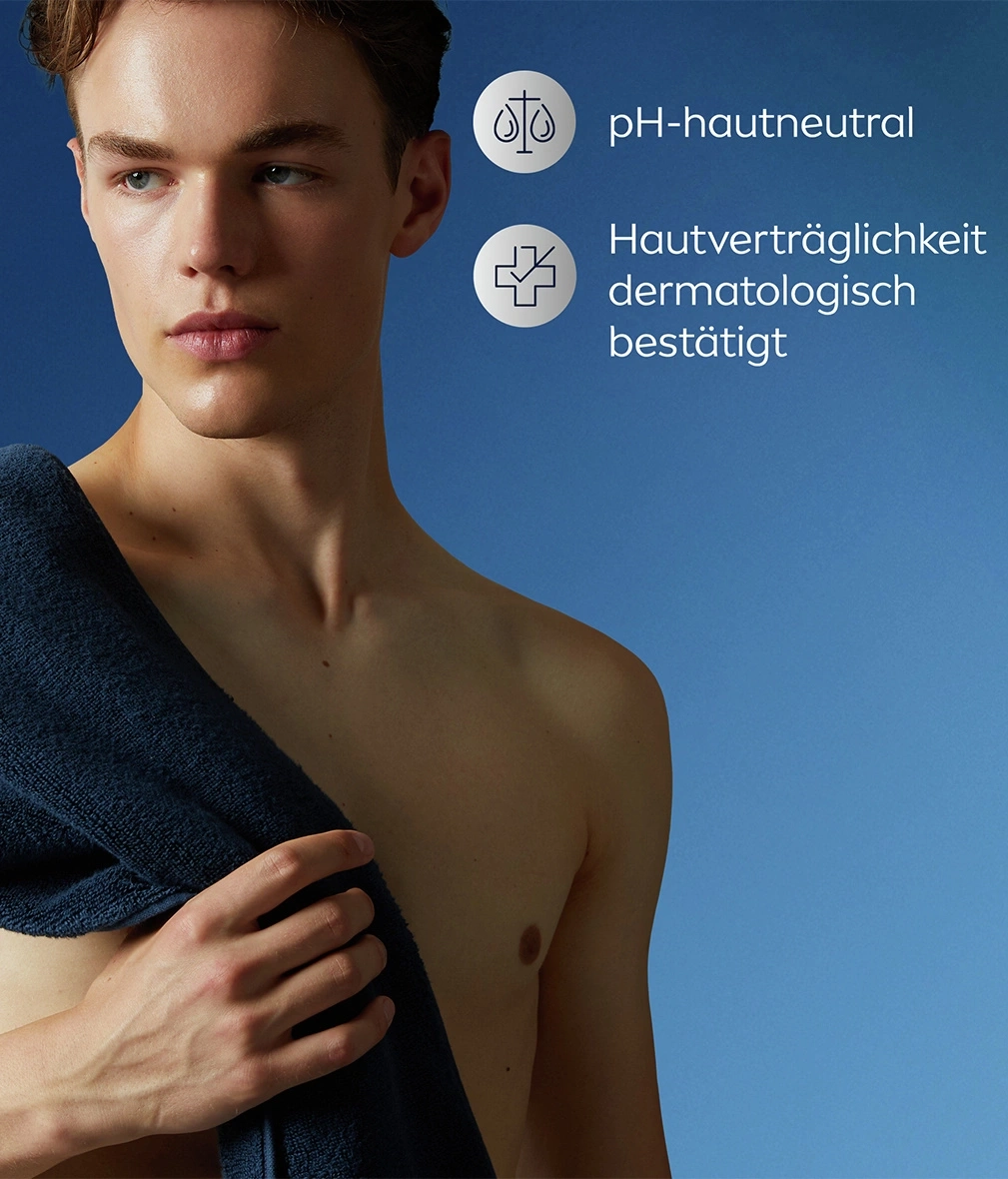 Mann mit Handtuch, pH-hautneutral, dermatologisch bestätigt