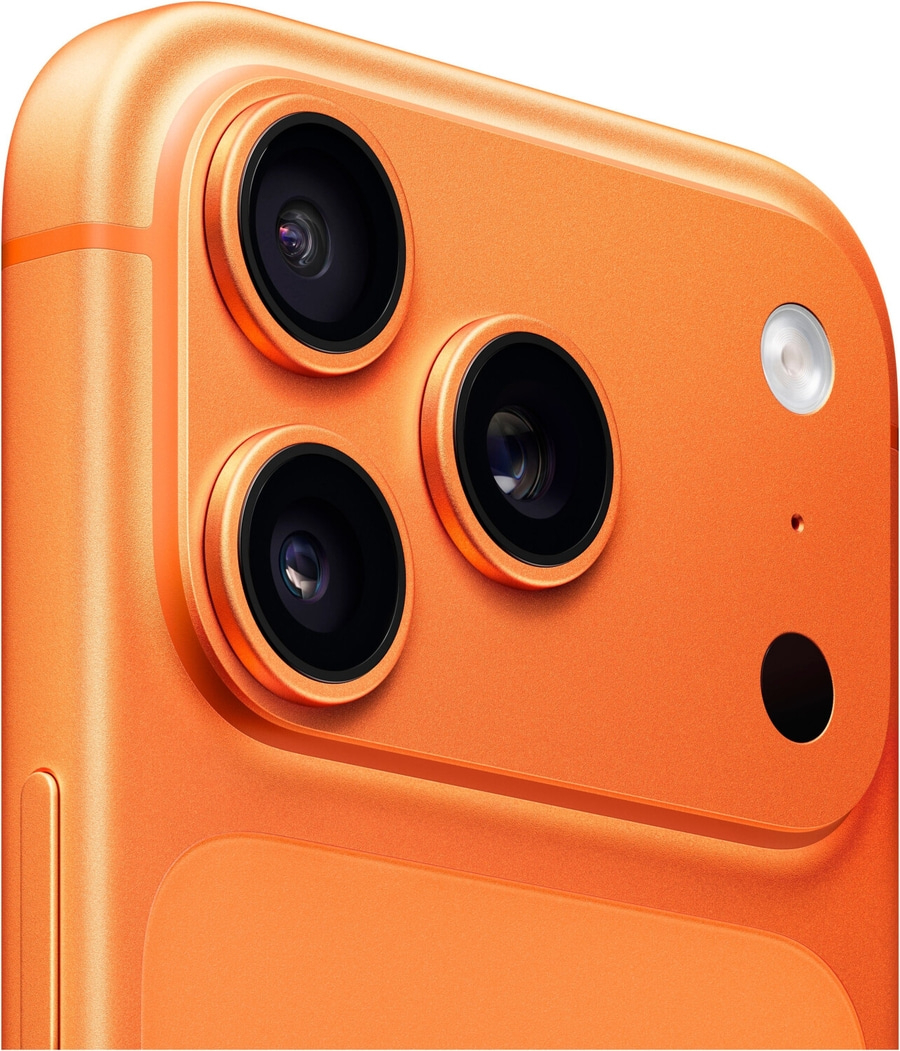 Orange iPhone mit drei Kameralinsen und Blitz