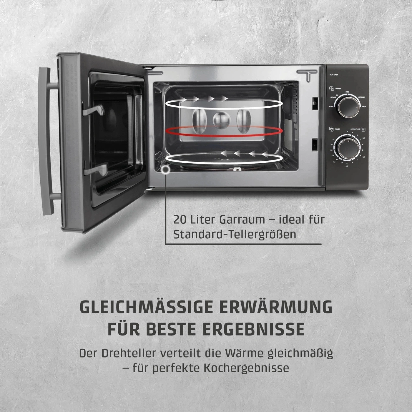 Ein offenes, modernes Mikrowellenofen mit 20 Litern Garraum für gleichmäßige Erwärmung, ideal für beste Kochergebnisse.
