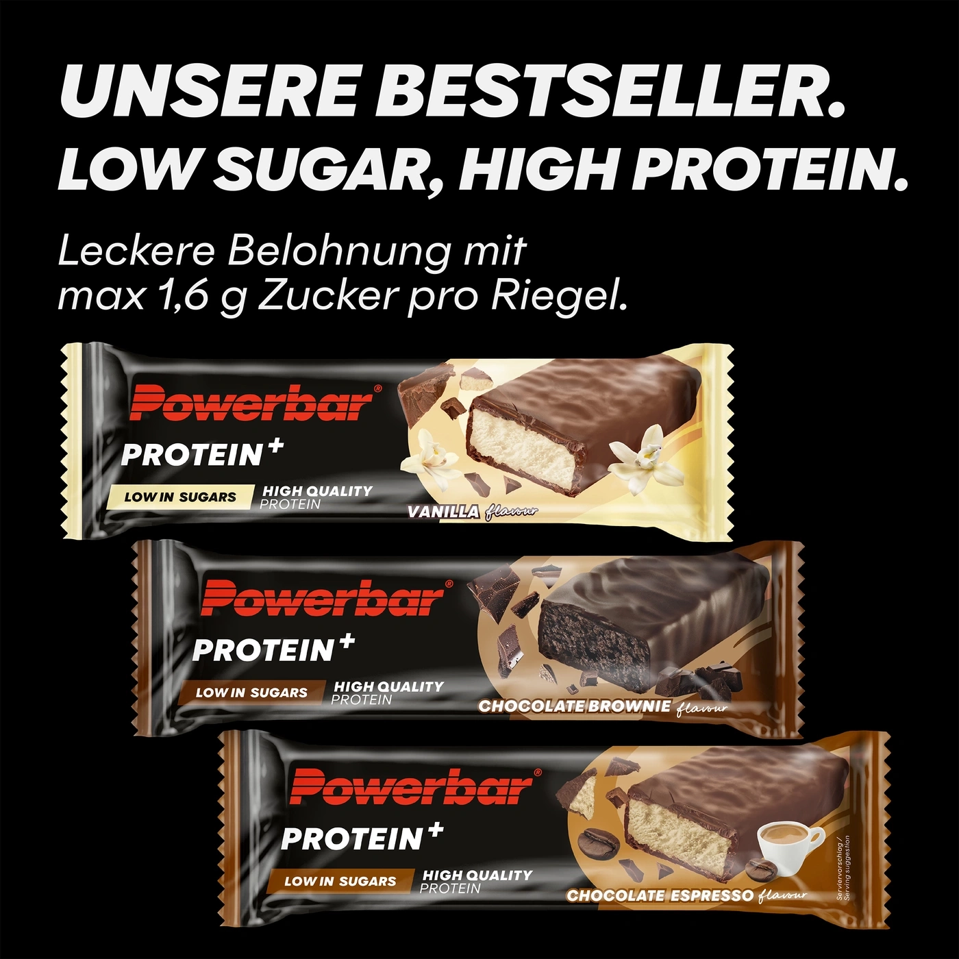 Powerbar Protein Riegel: Vanille, Schoko Brownie, Schoko Espresso, Low Sugar, High Protein