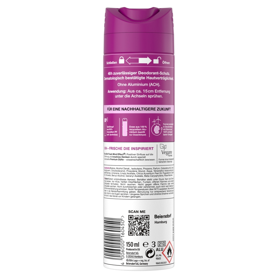 Ein Deodorant-Spray mit einem lila Sprühkopf und einem weißen Körper, der Informationen über das Produkt enthält.