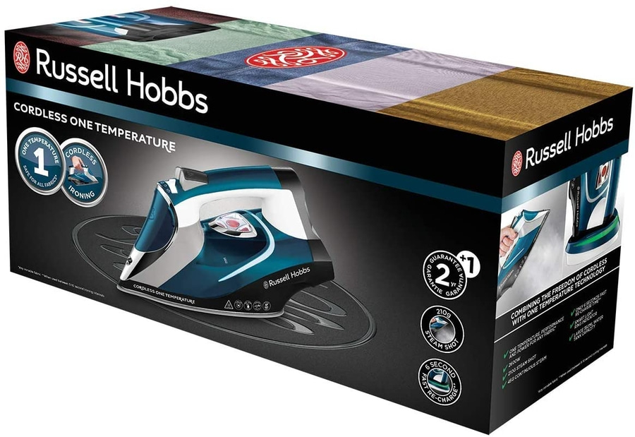 Russell Hobbs Bügeleisen, kabellos, eine Temperatur, 210g Dampfstoß, 6 Sekunden Aufladung