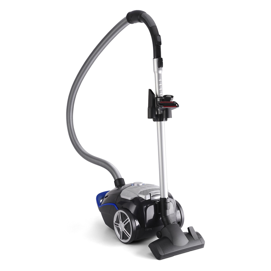 Schwarzer Bodenstaubsauger mit Schlauch und Teleskopstange auf weißem Hintergrund