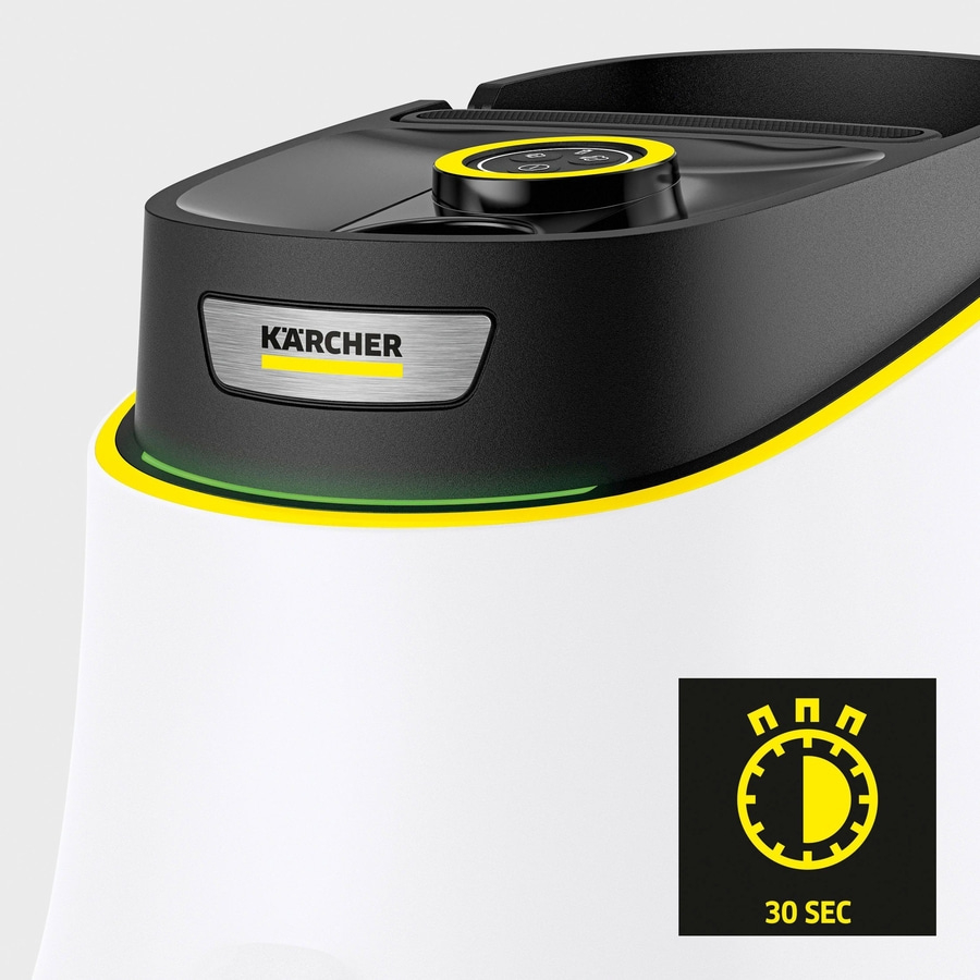 Kärcher Roboter Staubsauger, Detailaufnahme, gelbe Akzente, 30 Sekunden Timer, schwarz-weiß