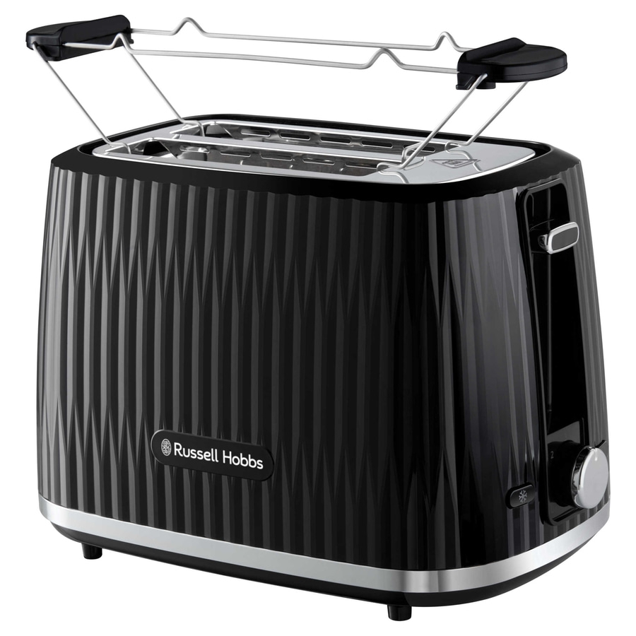 Schwarzer Toaster mit geriffelter Oberfläche und Aufsatz zum Toasten.