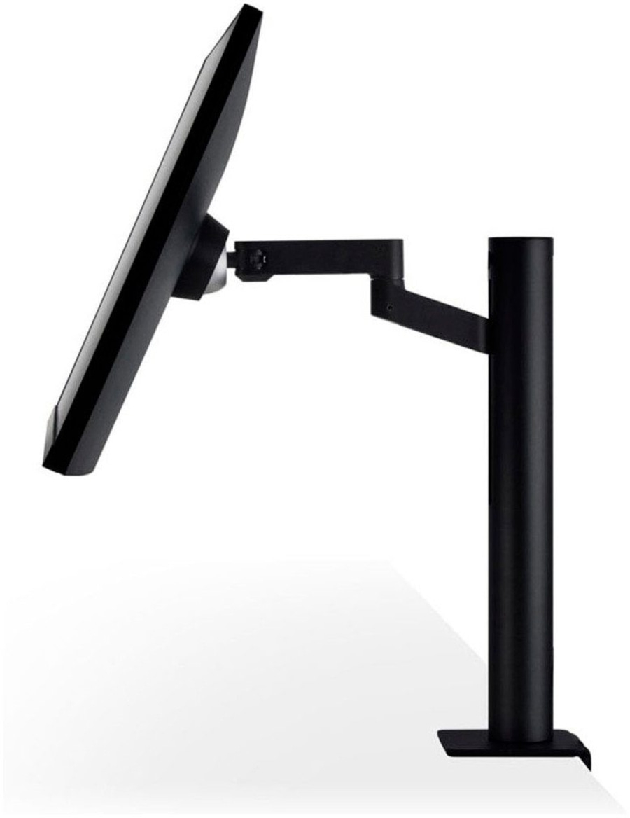 Schwarzer Monitor mit Halterung auf weißem Tisch, Seitenansicht, minimalistisch