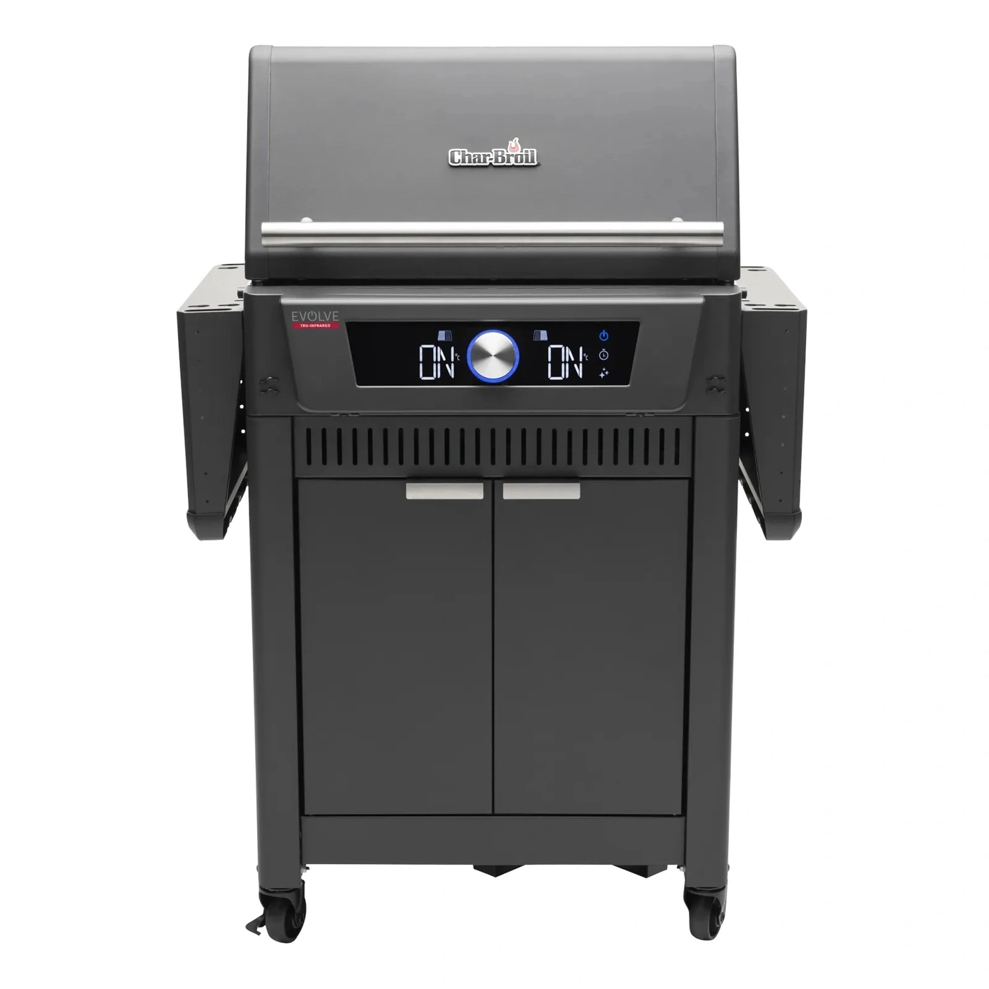 Ein dunkler Grill steht vor einem weißen Hintergrund. Er hat eine digitale Anzeige.