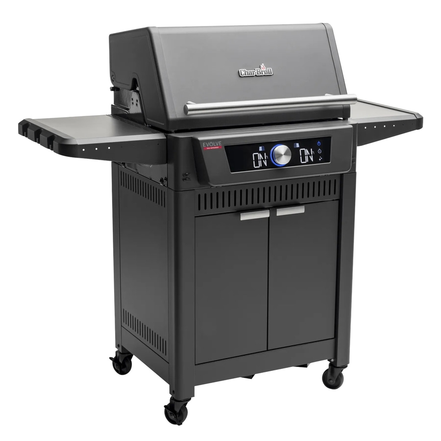 Schwarzer Grill mit zwei Seitenablagen und Schrank, Char-Broil Evolve.