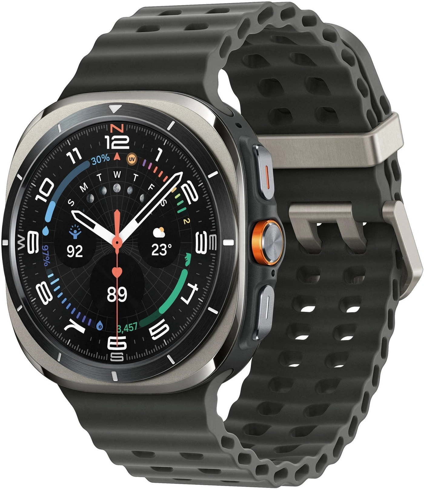Eine Nahaufnahme einer Smartwatch mit einem dunklen Zifferblatt und einem gummierten Armband.