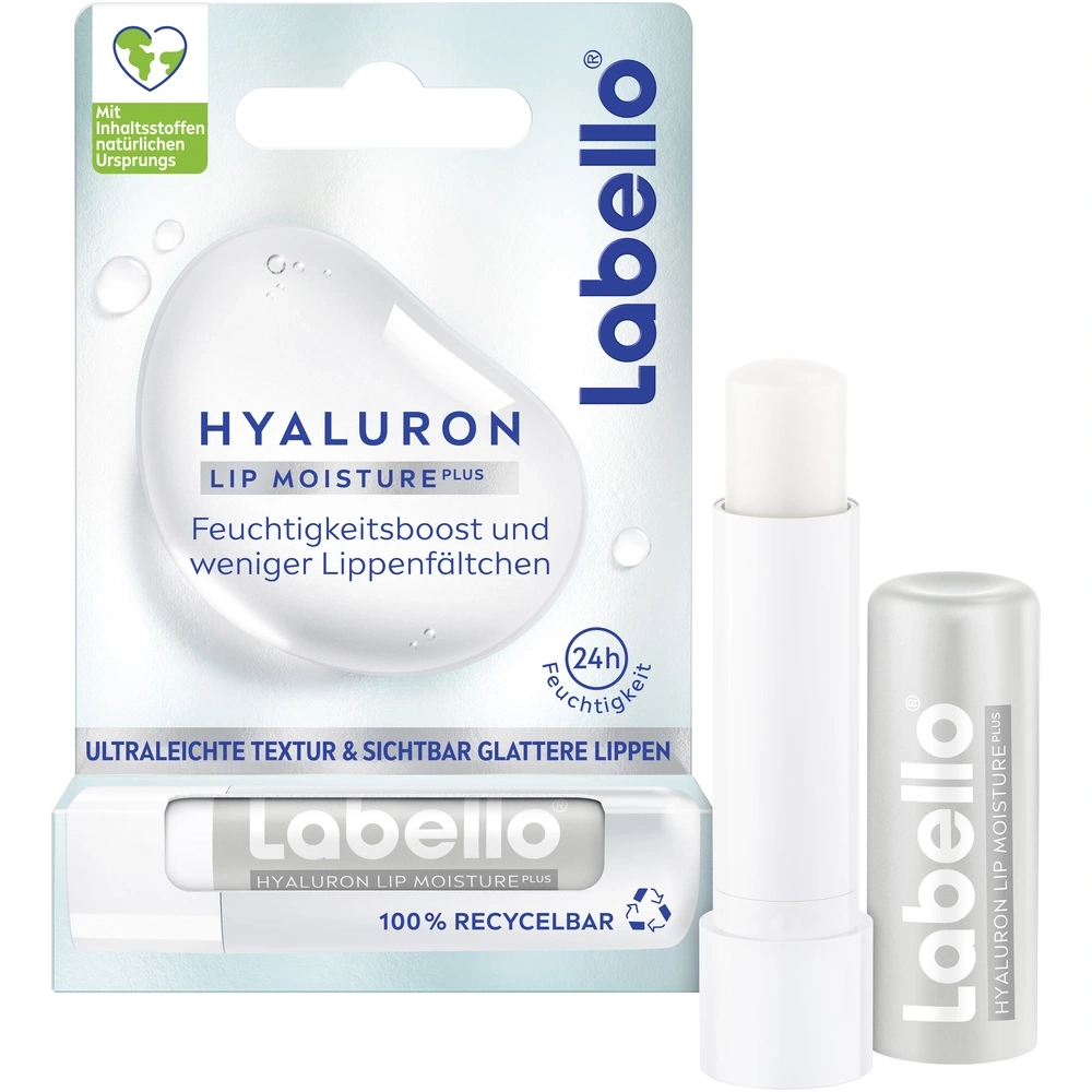 Labello Lippenpflege mit Hyaluron, Feuchtigkeitsboost und weniger Lippenfältchen, 100% recycelbar