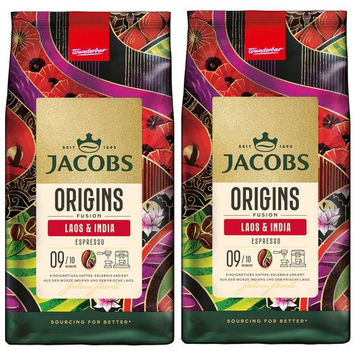 JACOBS Kaffeebohnen Origins Laos & India Espresso ganze Bohne geröstet 2 x 1 kg