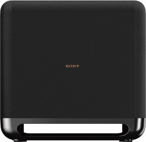 Schwarzer Subwoofer mit Sony-Logo, rechteckig, modern, elegant, Bass
