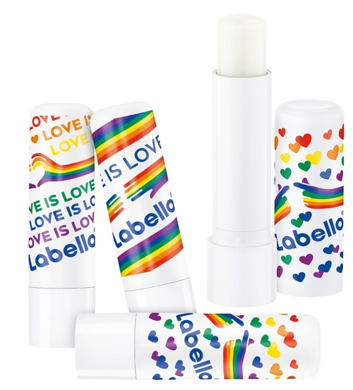 Labello Lippenbalsam mit Regenbogen-Motiv und Herzchen