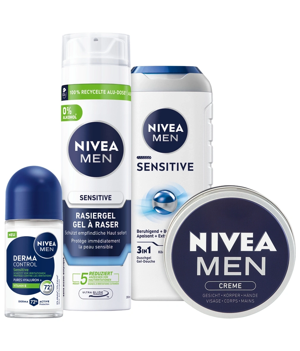 Nivea Men Sensitive Hautpflegeprodukte: Rasiergel, Duschgel, Creme und Deo.