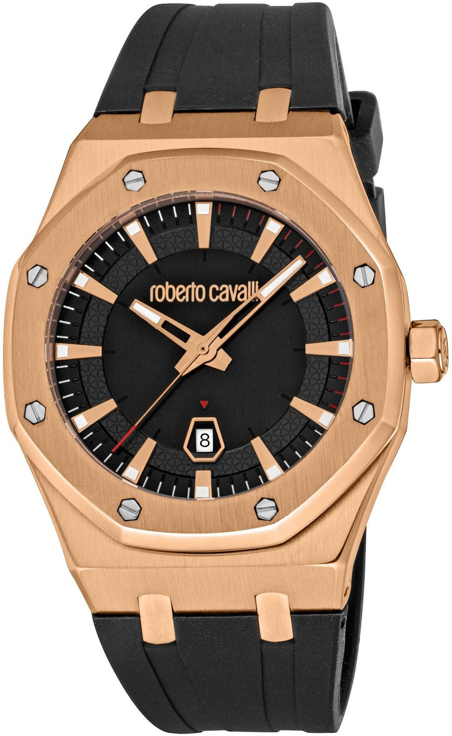 Eine goldene Roberto Cavalli Uhr mit schwarzem Zifferblatt und schwarzem Armband.
