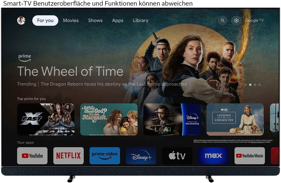 Smart-TV-Oberfläche mit Filmen, Apps und Prime Video. 'The Wheel of Time' im Trend.
