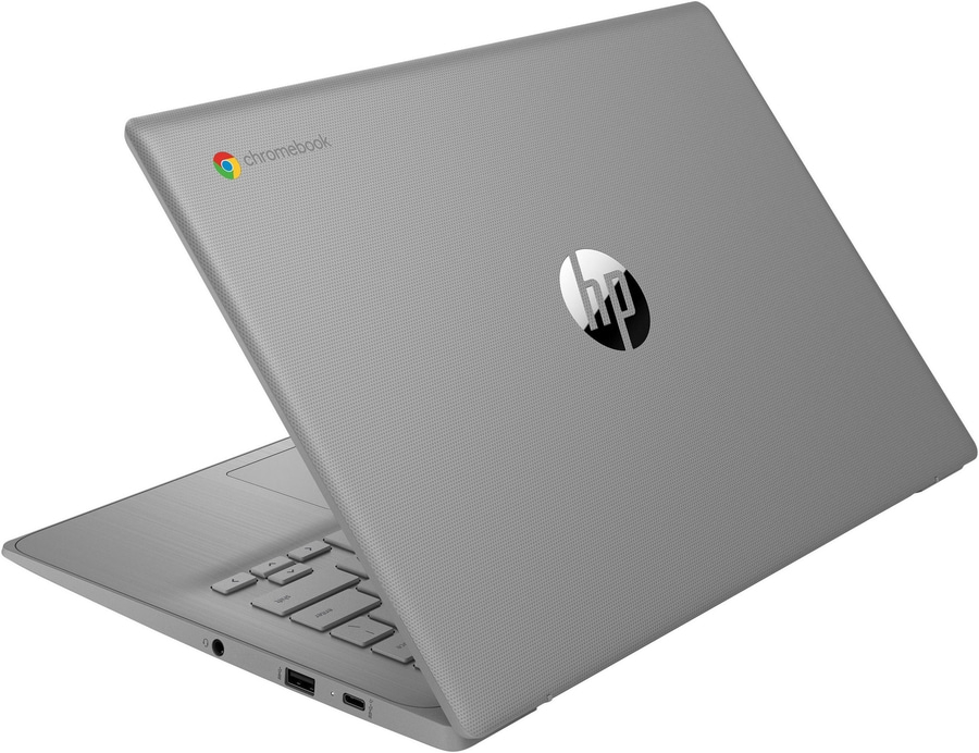 Ein silberner HP Chromebook Laptop mit dem HP-Logo und dem Chromebook-Logo.