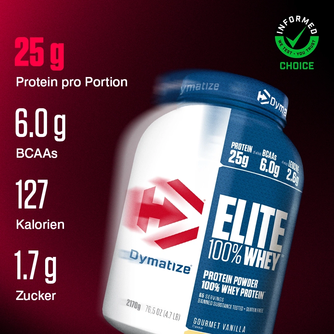 Dymatize Elite 100% Whey Protein Dose mit Nährwertangaben