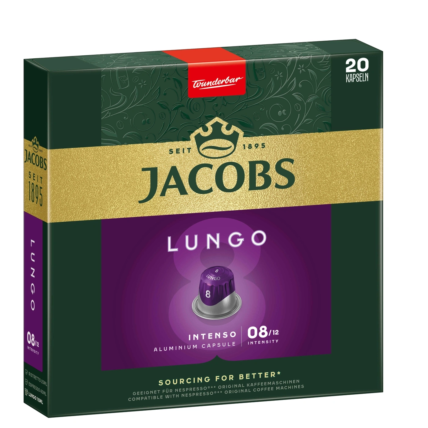 Kaffeekapseln von Jacobs, LUNGO, Intensität 8, 20 Kapseln, Aluminiumkapsel, für Nespresso