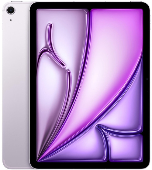 Ein hellviolettes Tablet mit einem abstrakten, glänzenden Design auf dem Bildschirm.