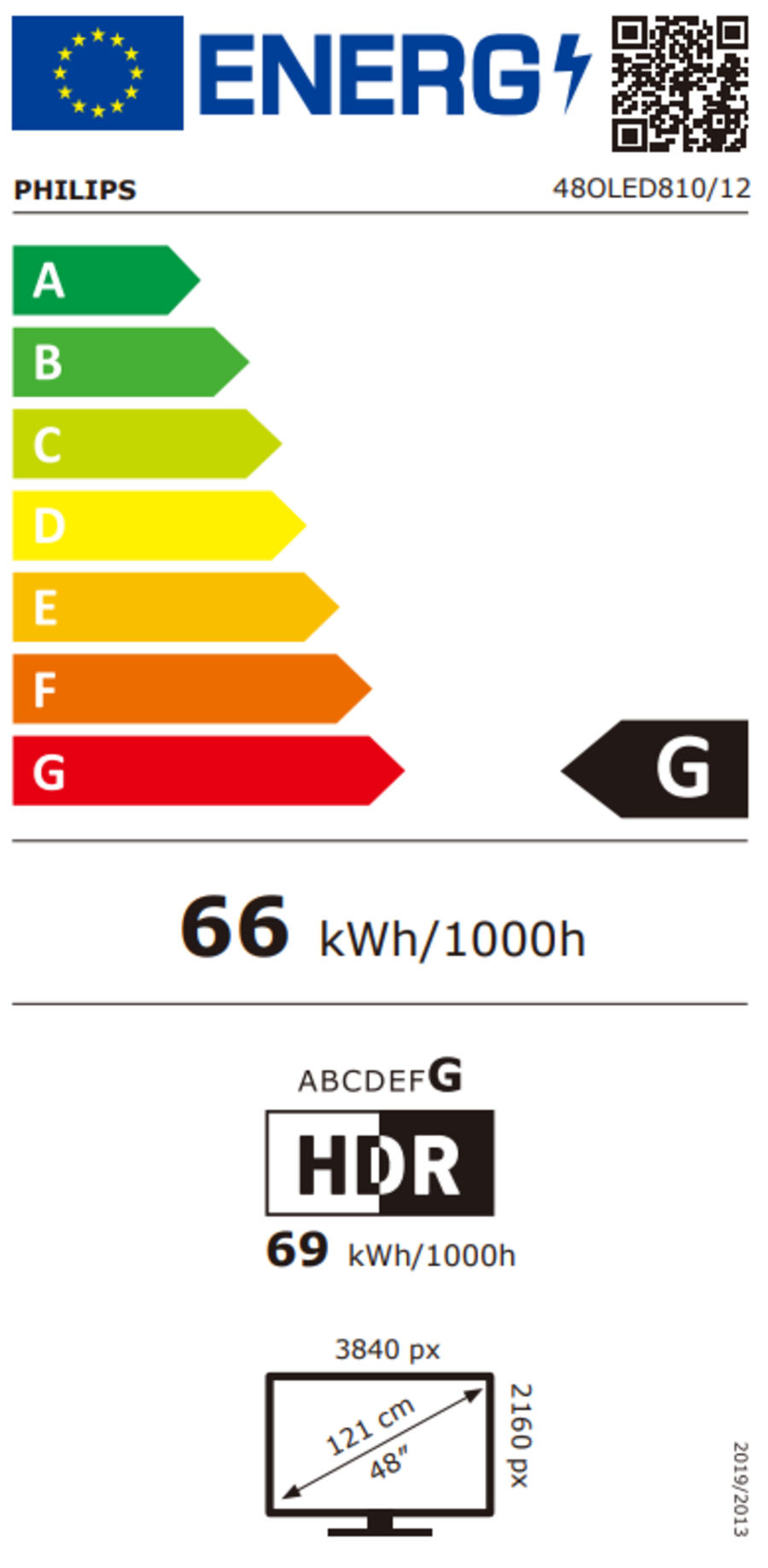 Energieeffizienzlabel für Philips Fernseher, Energieklasse G, 66 kWh/1000h, HDR 69 kWh/1000h