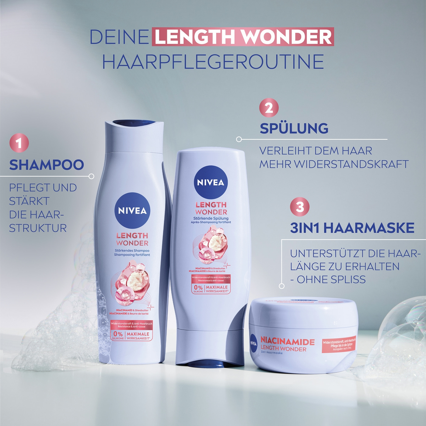 Nivea Length Wonder Haarpflegeroutine mit Shampoo, Spülung und Haarmakse
