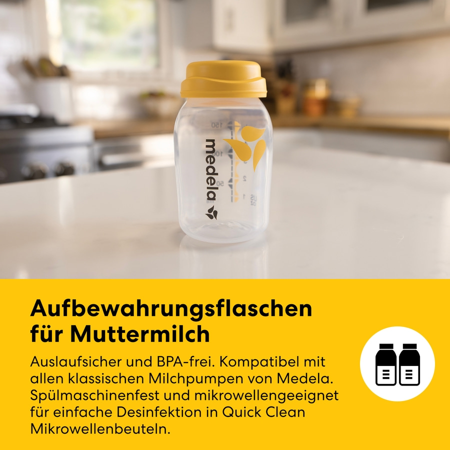 Aufbewahrungsflaschen für Muttermilch mit Medela und Quick Clean