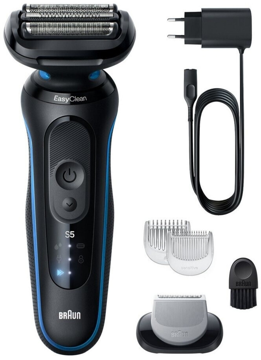 Ein Braun S5 Elektrorasierer mit Zubehör wie Ladegerät und Aufsätzen.
