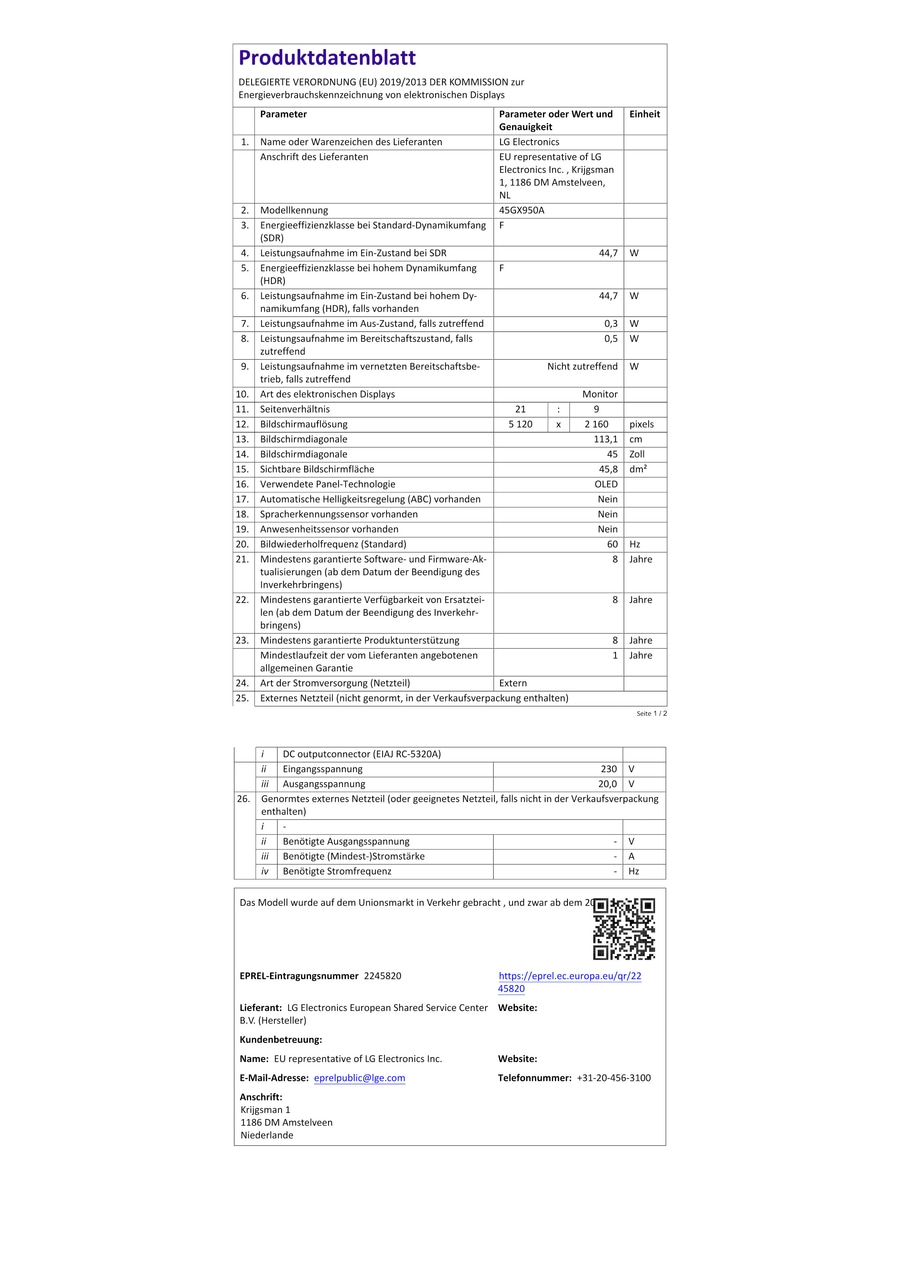 Produktdatenblatt für LG Electronics 45GX950A Fernseher mit Energieeffizienzklasse F