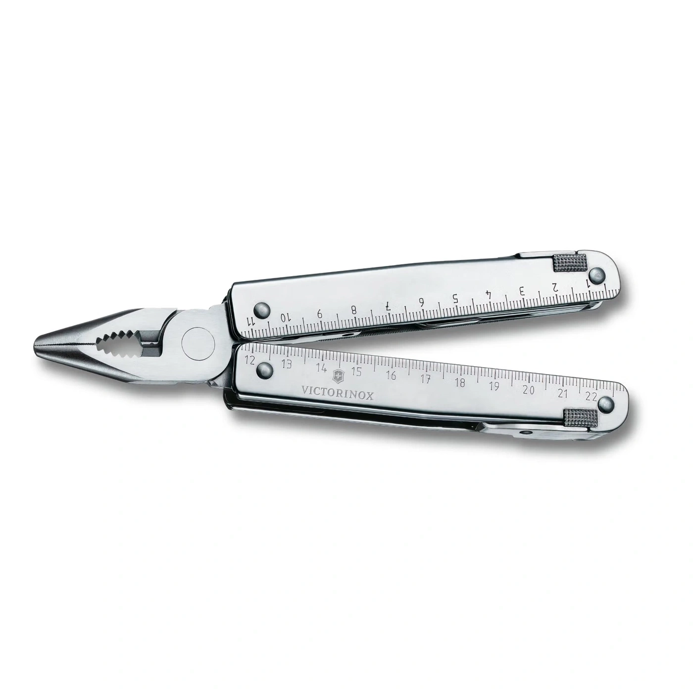 Ein silbernes Multitool mit Zange und integrierter Skala