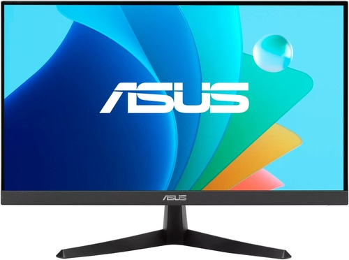 ASUS-Monitor mit blauem Hintergrund und bunten Akzenten, schwarzer Rahmen und Standfuß.