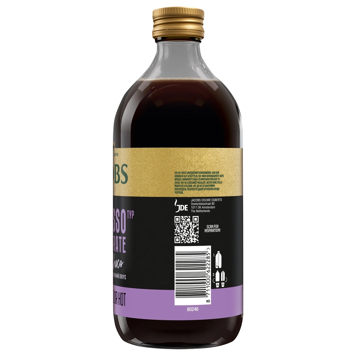 Flasche mit schwarzem Kaffee-Konzentrat und goldenem Etikett