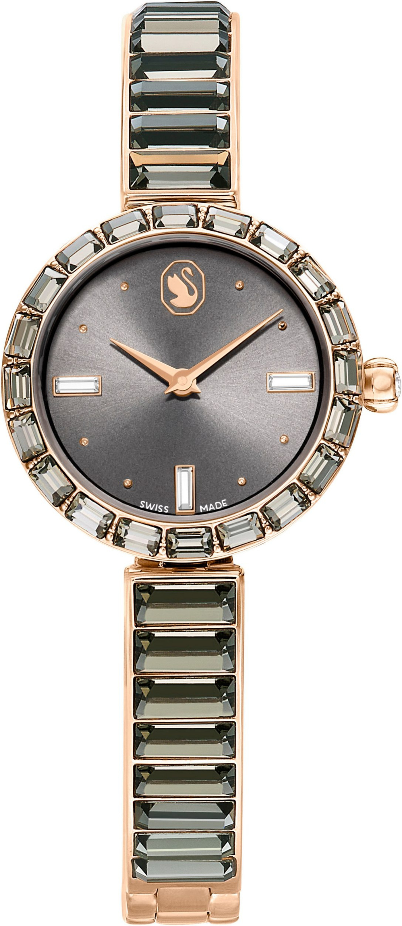 Eine Roségold-Uhr mit grauem Zifferblatt, besetzt mit grauen Kristallen.