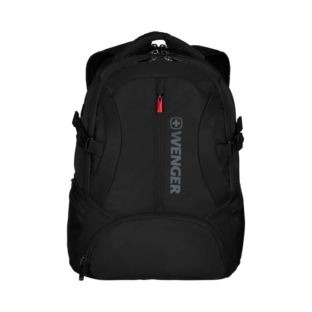 Schwarzer Rucksack von Wenger mit rotem Akzent und Logo.