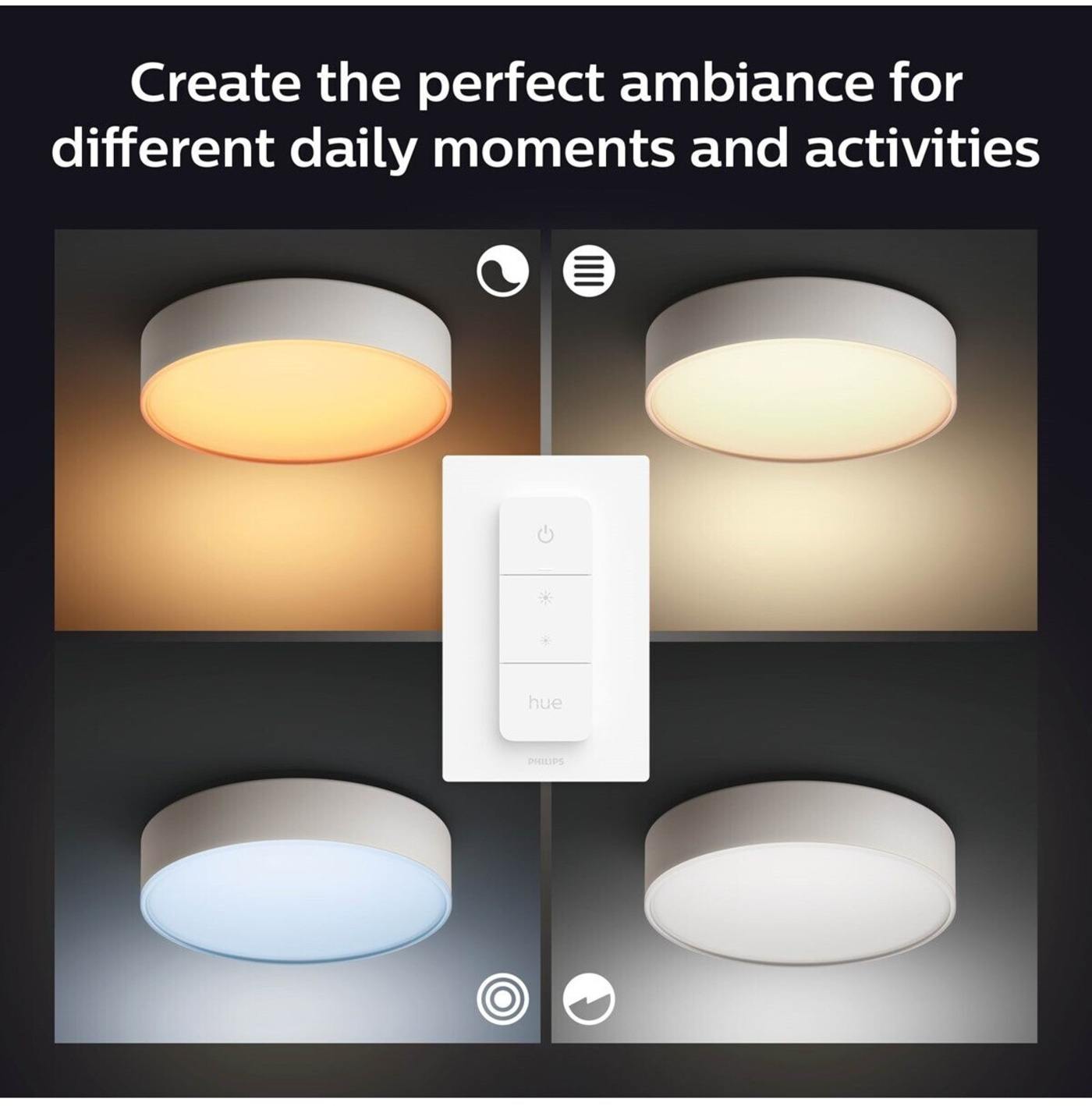 Philips Hue-Leuchten mit verschiedenen Lichtstimmungen und einer Fernbedienung.