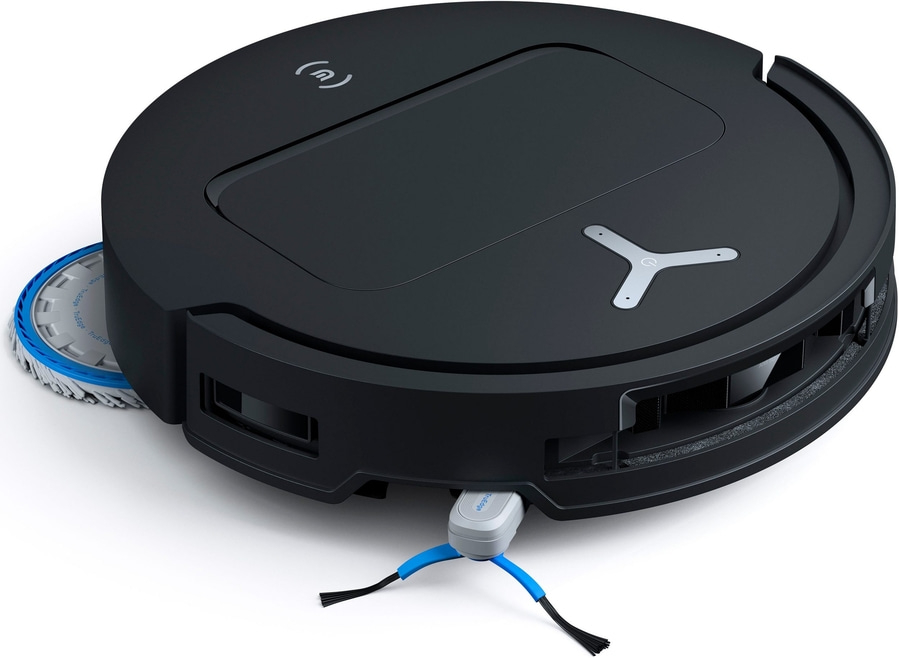 Schwarzer Saugroboter mit Seitenbürsten und einer Hauptbürste.