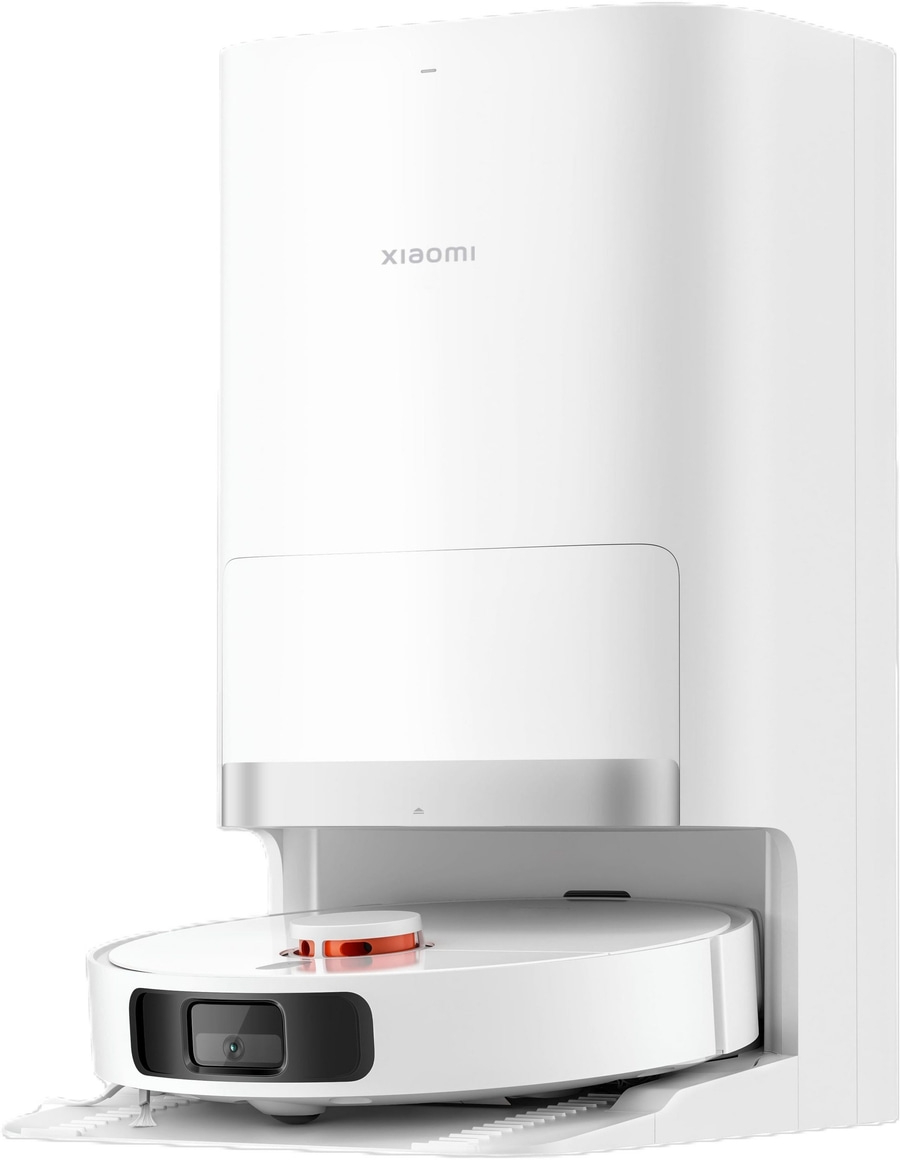 Weißer Roboter-Staubsauger mit Ladestation, Xiaomi-Logo, modernes Design, Haushaltsgerät