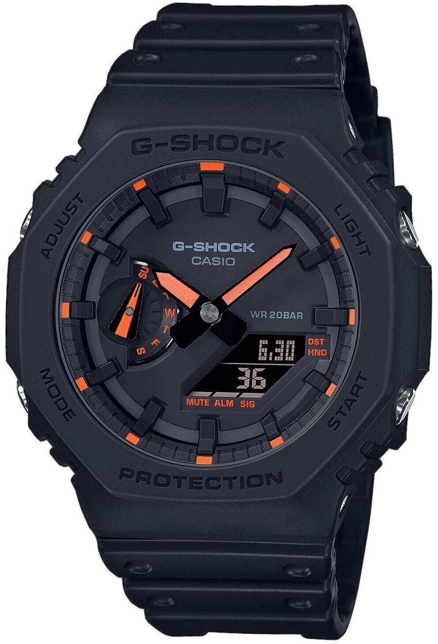 Schwarze G-Shock Uhr mit orange Akzenten und Digitalanzeige