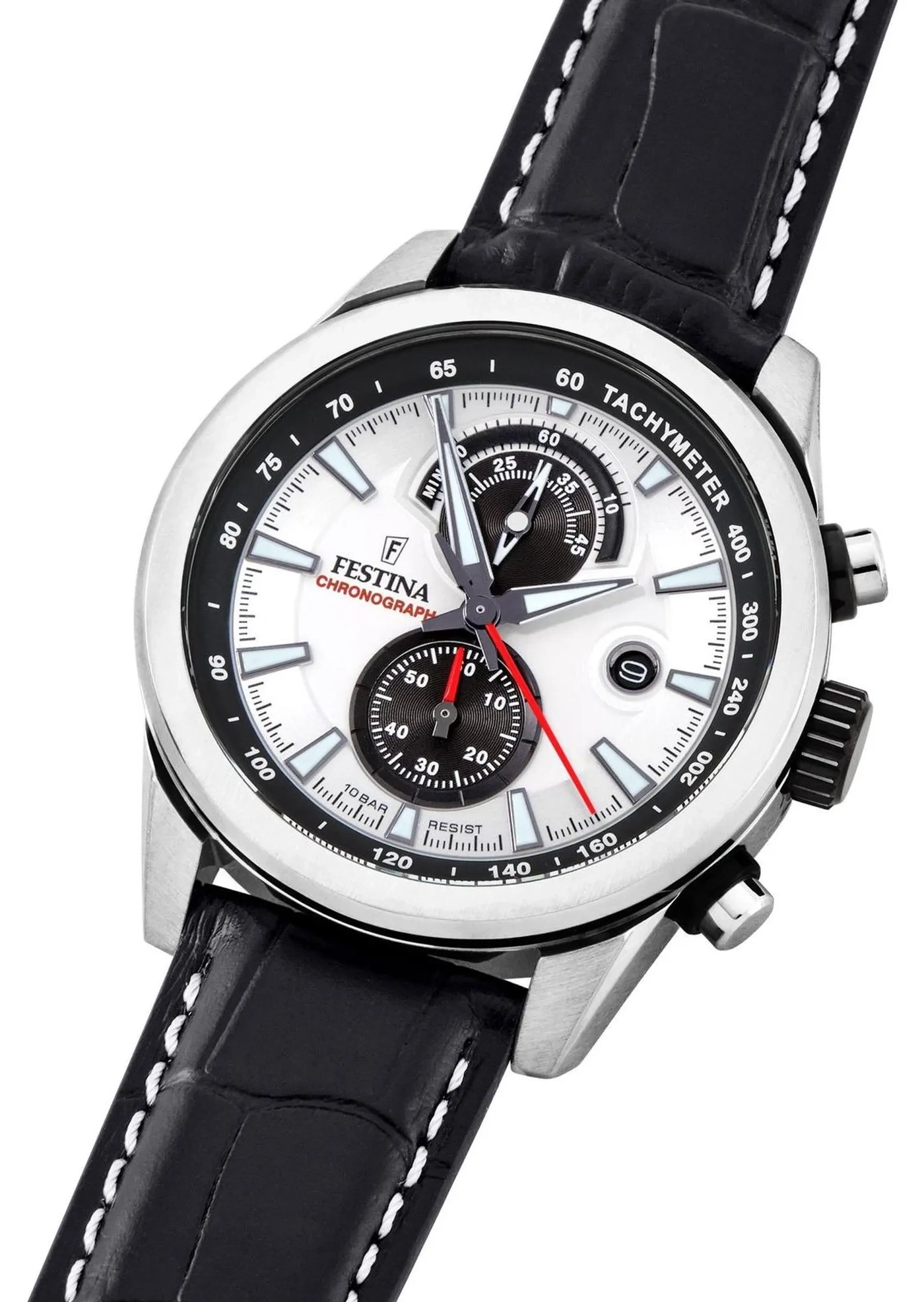 Eine silberne Armbanduhr mit schwarzem Lederarmband und weißem Zifferblatt.