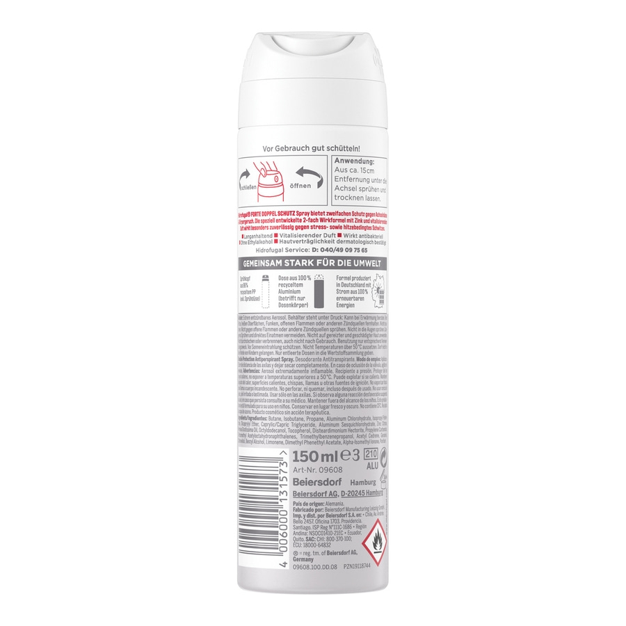 Deodorant-Spray mit Informationen zu Anwendung, Inhaltsstoffen und Umweltfreundlichkeit, 150ml