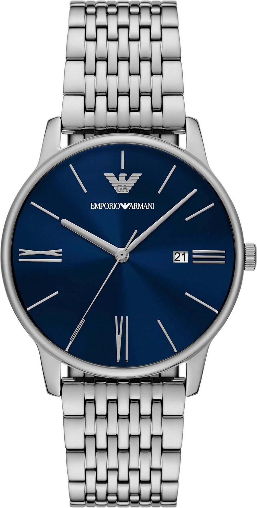 Emporio Armani Herrenuhr mit blauem Zifferblatt und silbernem Armband.