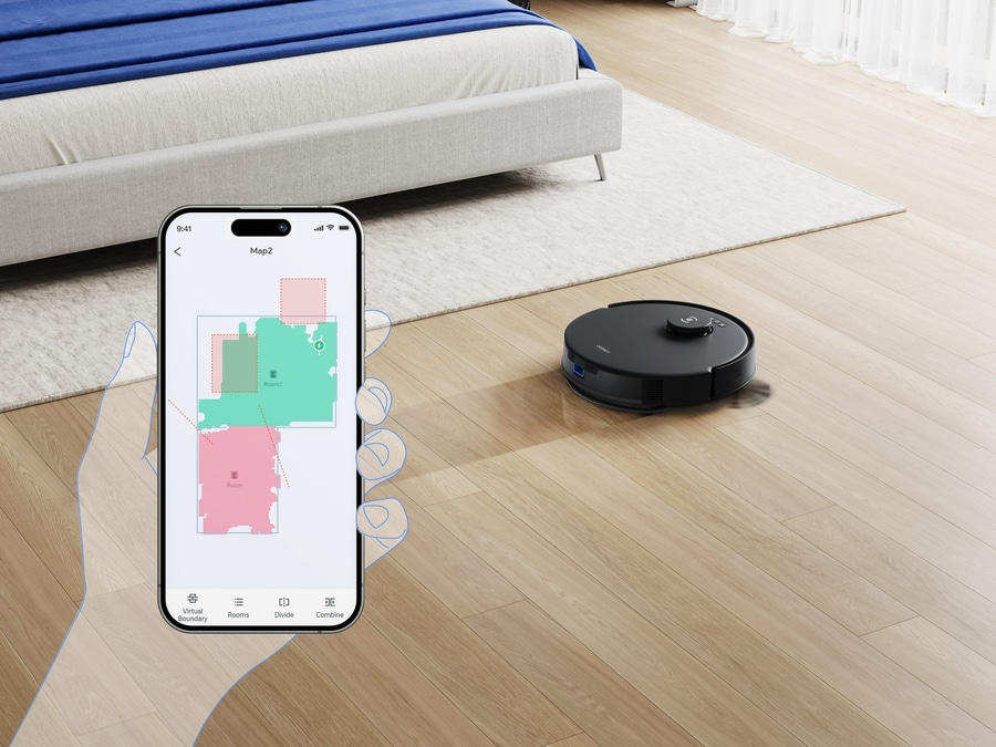 Roboter-Staubsauger mit Smartphone-App-Steuerung, Raumaufteilung und Reinigungskarte.
