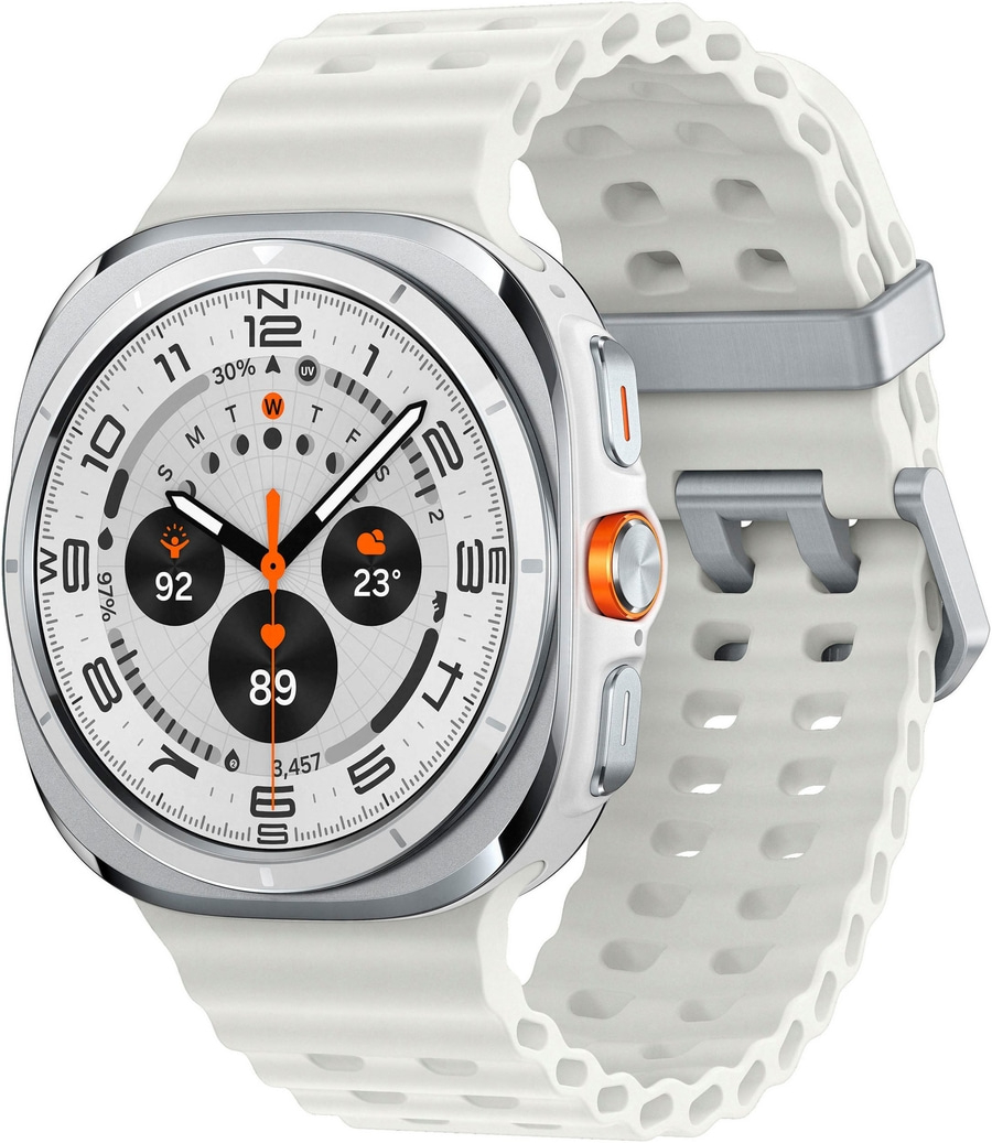 Wei
sse Smartwatch mit orangefarbenen Akzenten und Lochmuster-Armband