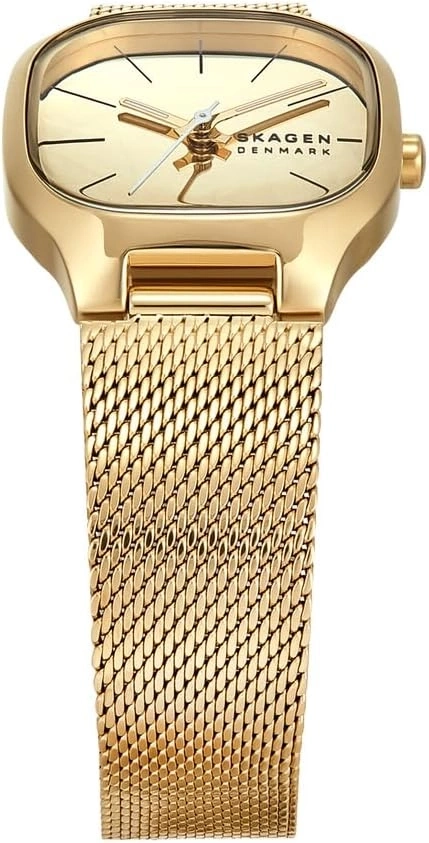 Eine goldene Skagen Damenuhr mit Mesh-Armband.