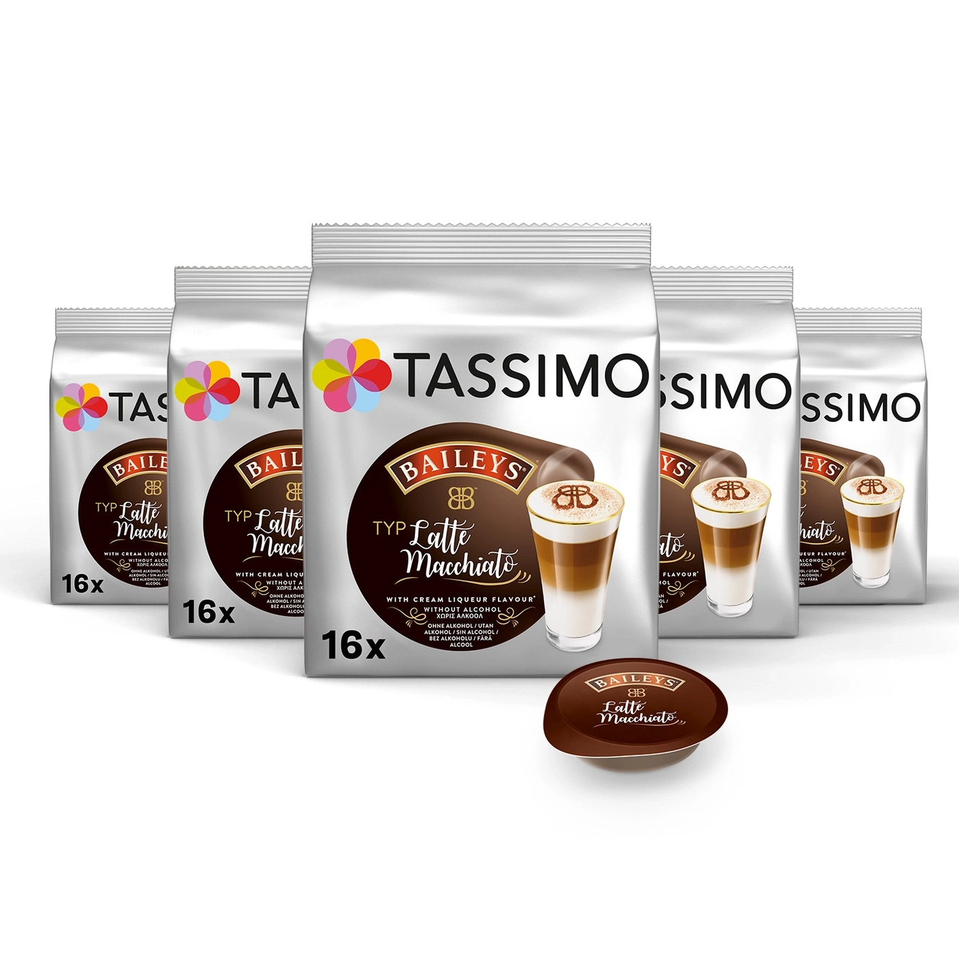 Tassimo Latte Macchiato Packungen mit 16 Kapseln, ohne Alkohol, Baileys