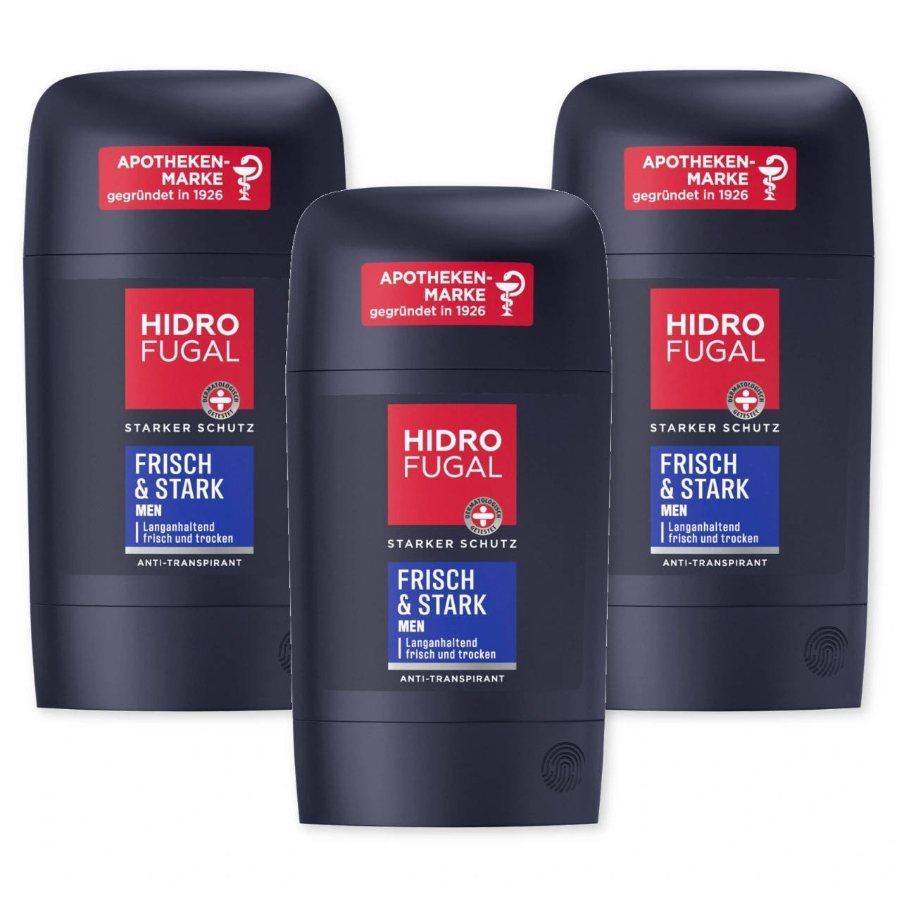 Drei Hidro Fugal Deosticks mit der Aufschrift "Frisch & Stark"